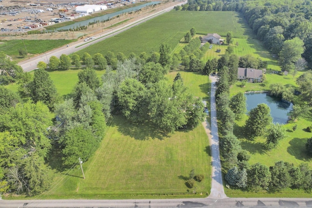 aerial view featuring a water view and a rural view