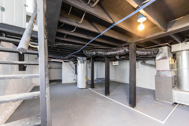 unfinished basement with heating unit and water heater