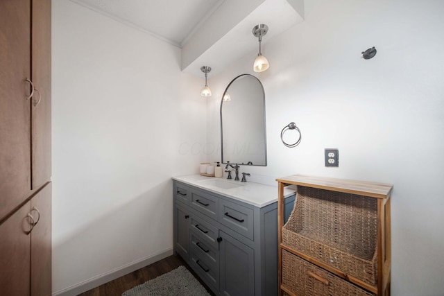 bathroom with baseboards, wood finished floors, and vanity