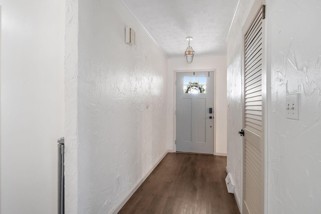 doorway with baseboards, wood finished floors, ornamental molding, a textured wall, and a textured ceiling