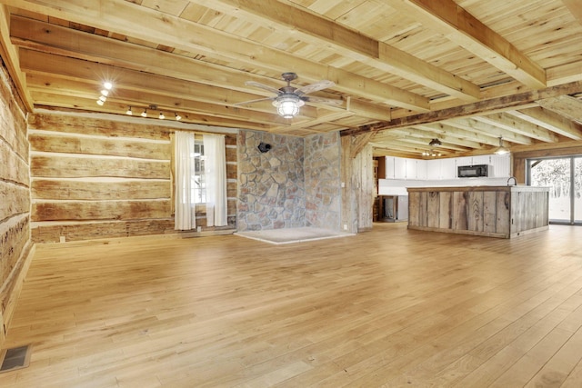 unfurnished living room with beamed ceiling, wood ceiling, light wood-style floors, and ceiling fan