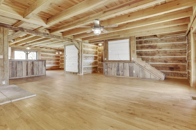 interior space featuring hardwood / wood-style floors, wooden walls, ceiling fan, wooden ceiling, and beamed ceiling