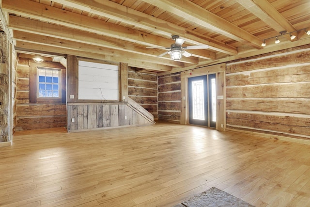 unfurnished living room featuring wooden walls, beamed ceiling, wood ceiling, and wood-type flooring