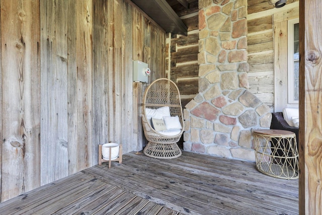 interior details featuring wooden walls and electric meter