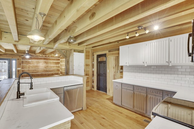 kitchen with light wood-type flooring, decorative backsplash, wooden ceiling, stainless steel dishwasher, and a sink