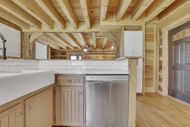 kitchen with wooden walls, a ceiling fan, light wood finished floors, stainless steel dishwasher, and wooden ceiling