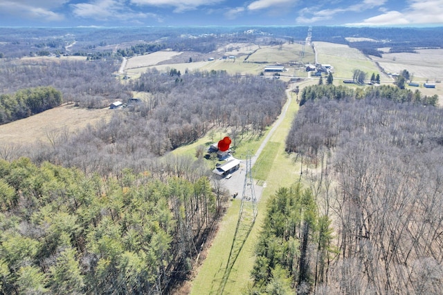 aerial view featuring a rural view and a forest view