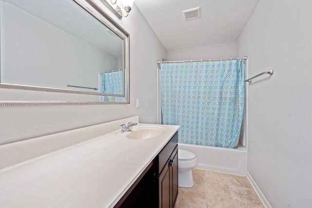 bathroom with vanity, shower / bathtub combination with curtain, visible vents, a textured ceiling, and toilet