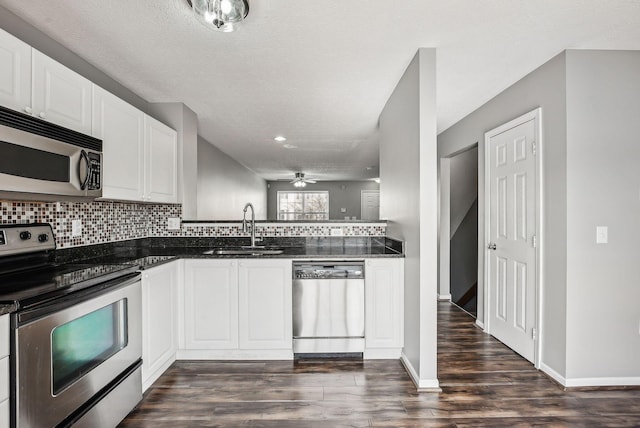 kitchen with a sink, tasteful backsplash, appliances with stainless steel finishes, ceiling fan, and dark wood-style flooring