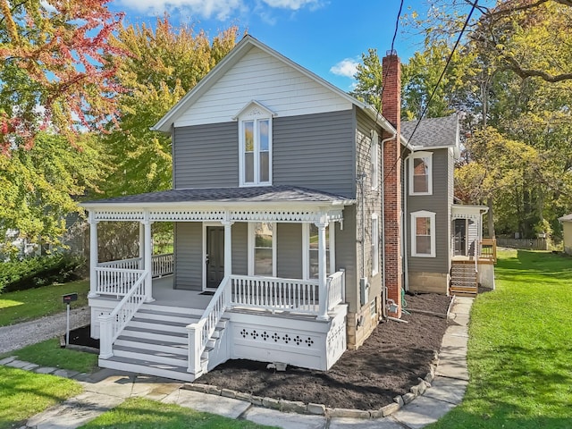 view of front of house with a front lawn, a porch, a chimney, and roof with shingles