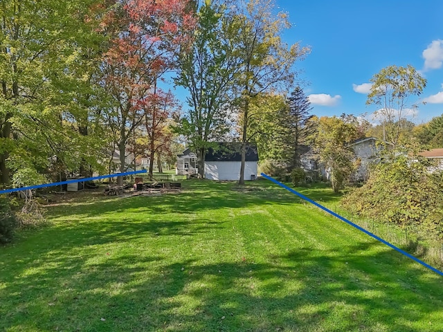 view of yard featuring an outdoor structure and a shed