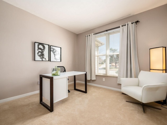 office space featuring baseboards and light colored carpet