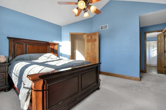 bedroom with a ceiling fan, baseboards, visible vents, lofted ceiling, and light carpet