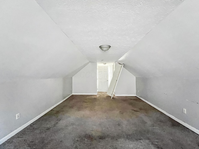 additional living space featuring carpet flooring, a textured ceiling, baseboards, and vaulted ceiling