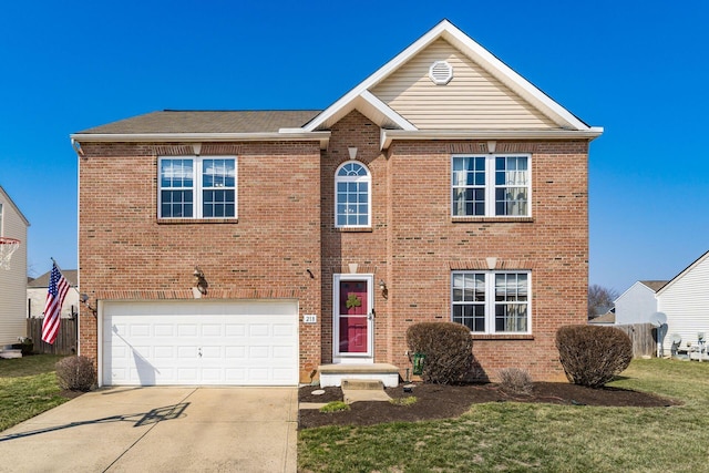 view of front of property with concrete driveway, a garage, brick siding, and a front yard