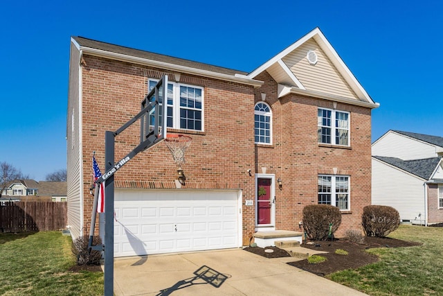 view of front of property featuring fence, driveway, an attached garage, a front lawn, and brick siding