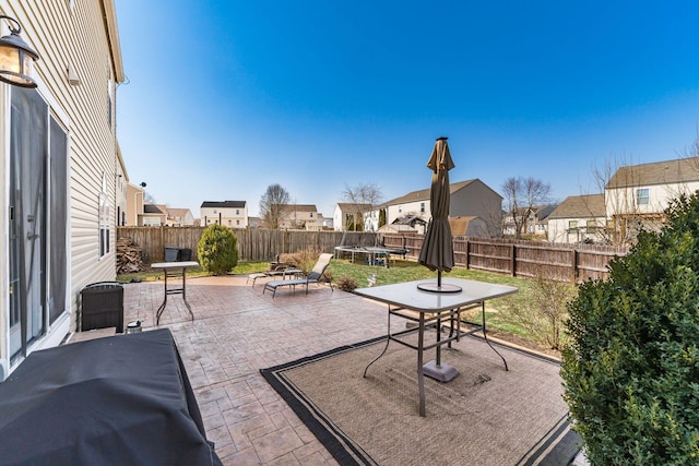 view of patio / terrace with a residential view, a trampoline, and a fenced backyard