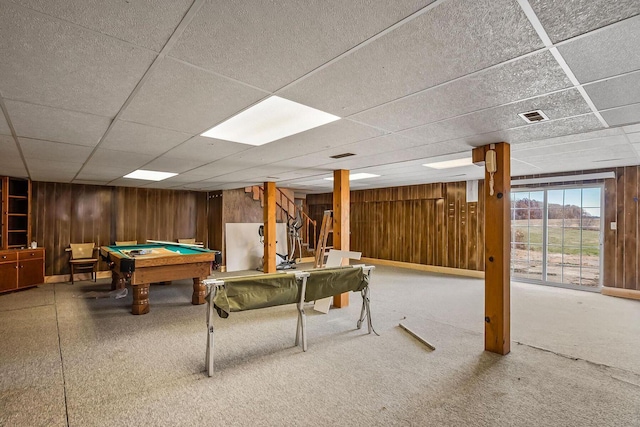 recreation room featuring visible vents, a paneled ceiling, wooden walls, and billiards
