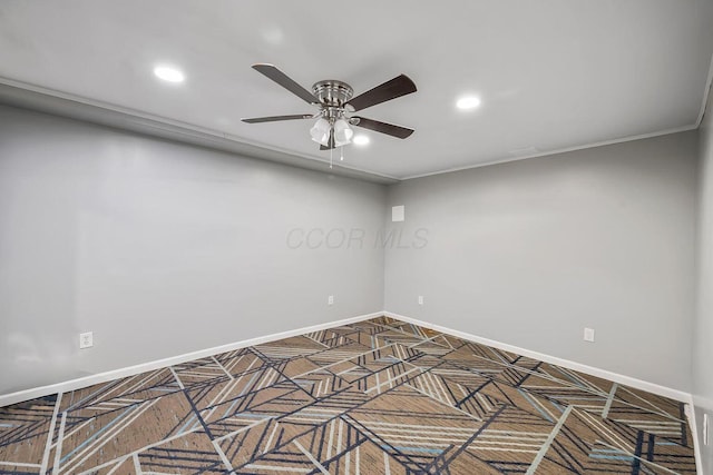 unfurnished room featuring recessed lighting, baseboards, and a ceiling fan