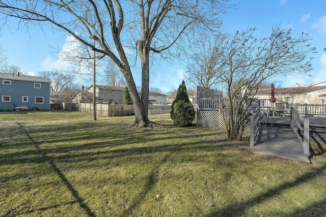 view of yard with a wooden deck and fence