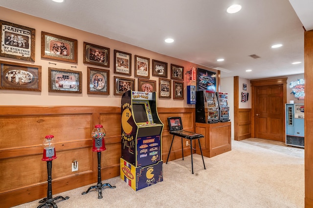 carpeted office featuring wainscoting, visible vents, and recessed lighting