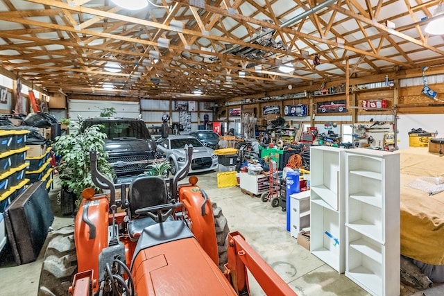 garage with a workshop area