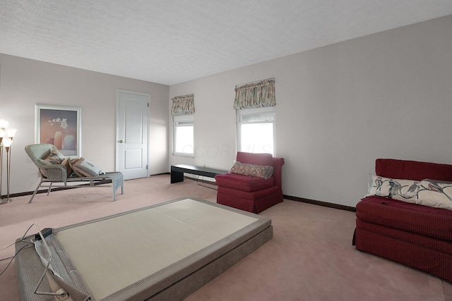 living area with baseboards, carpet, and a textured ceiling