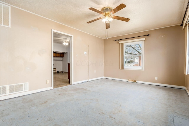 unfurnished room with crown molding, a ceiling fan, visible vents, and a textured ceiling