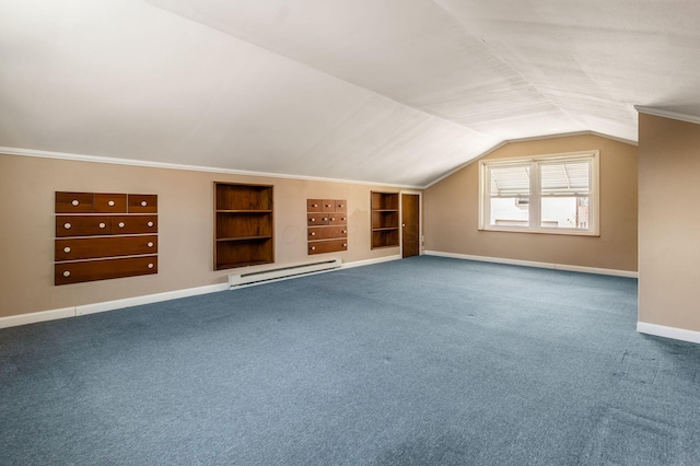 bonus room featuring built in shelves, carpet, baseboards, lofted ceiling, and a baseboard heating unit