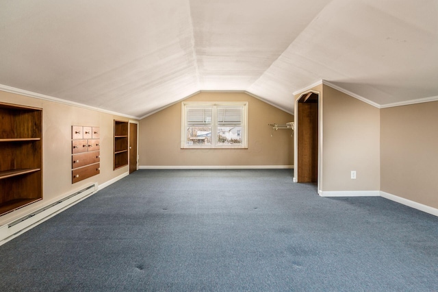 bonus room with built in features, carpet floors, a baseboard radiator, baseboards, and vaulted ceiling