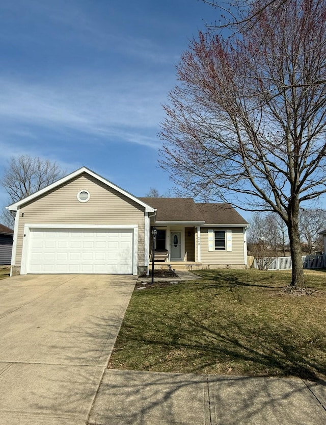 ranch-style house with a front yard, an attached garage, fence, and driveway