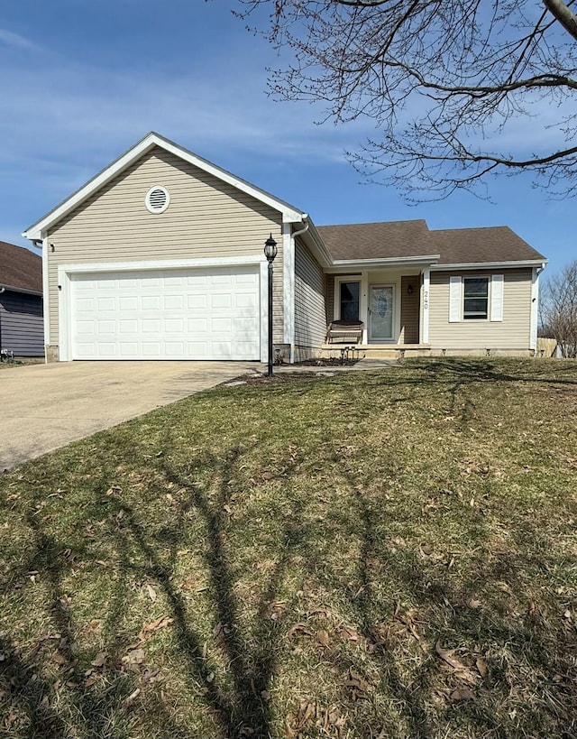 ranch-style home featuring a front yard, concrete driveway, an attached garage, and a shingled roof