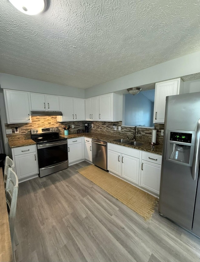 kitchen with light wood-type flooring, a sink, under cabinet range hood, white cabinetry, and appliances with stainless steel finishes