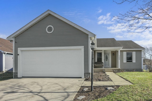 ranch-style house with concrete driveway, an attached garage, a front yard, and a shingled roof