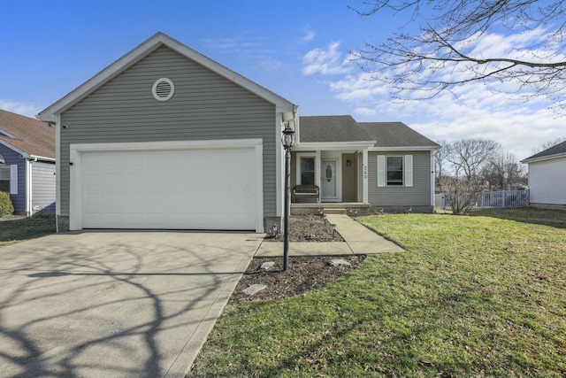 ranch-style home with a front lawn, fence, concrete driveway, a shingled roof, and a garage