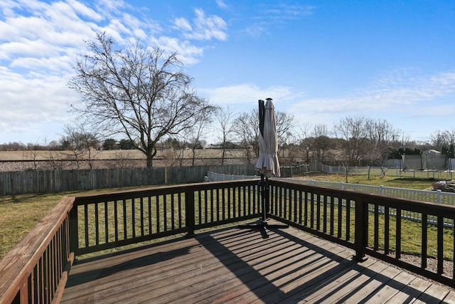 deck featuring a fenced backyard, a lawn, and a trampoline