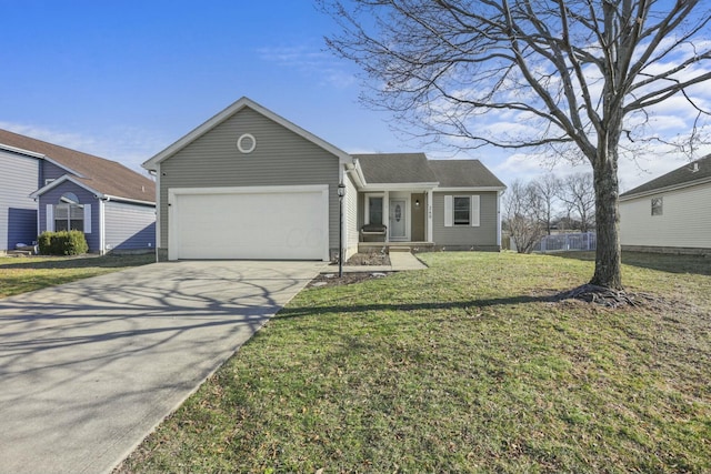 ranch-style home with a front yard, an attached garage, and driveway