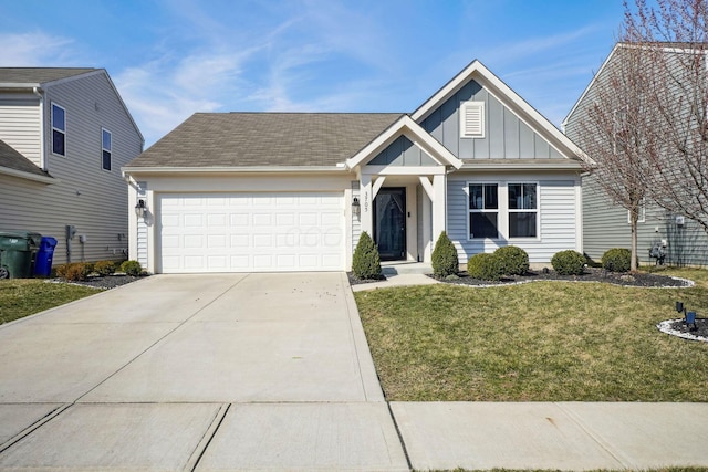 view of front of house with a front lawn, board and batten siding, concrete driveway, and an attached garage