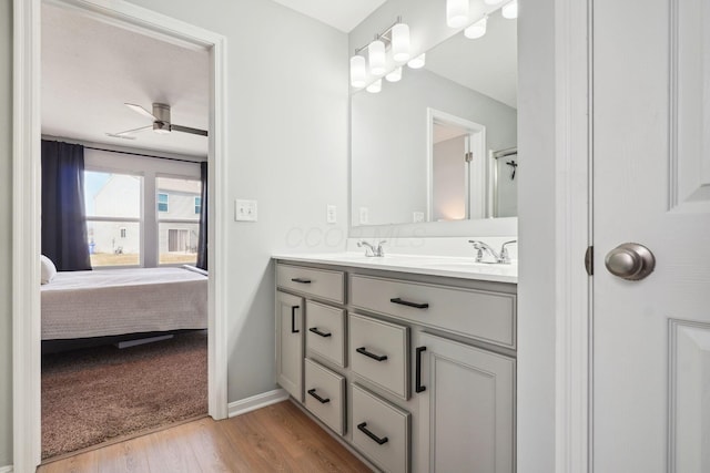 bathroom with connected bathroom, baseboards, double vanity, wood finished floors, and a sink