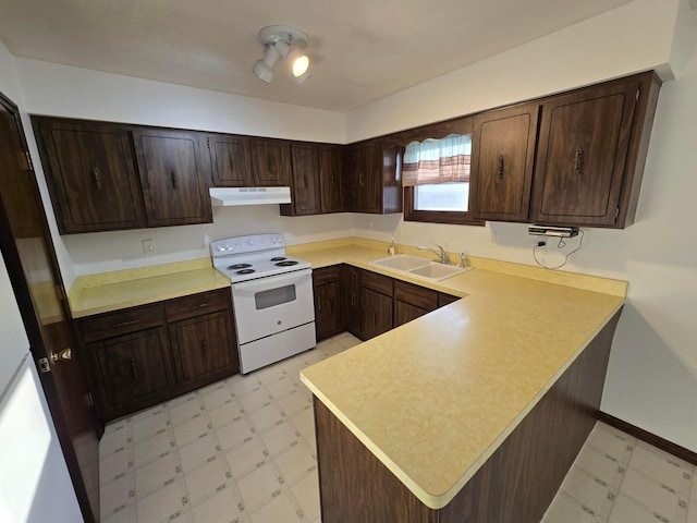 kitchen with a sink, light floors, under cabinet range hood, and white electric stove