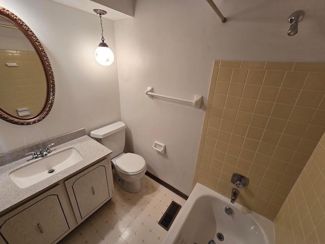 full bath featuring visible vents, toilet, tile patterned floors, vanity, and  shower combination