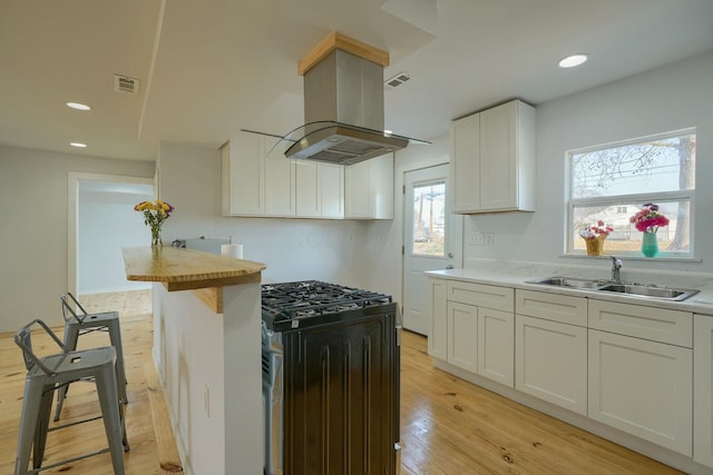 kitchen featuring range with gas stovetop, visible vents, light wood finished floors, island exhaust hood, and a sink