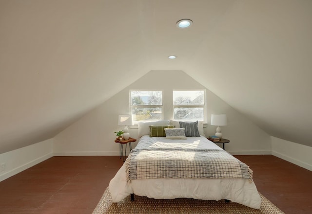 bedroom with recessed lighting, baseboards, and lofted ceiling