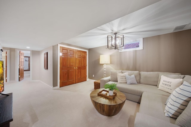 living area featuring recessed lighting, visible vents, baseboards, and carpet