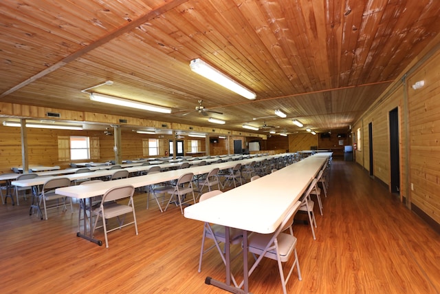 dining space with wood walls, wooden ceiling, and wood finished floors