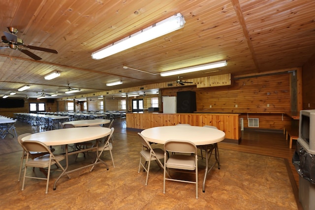 dining room featuring wooden ceiling, a ceiling fan, visible vents, and wood walls