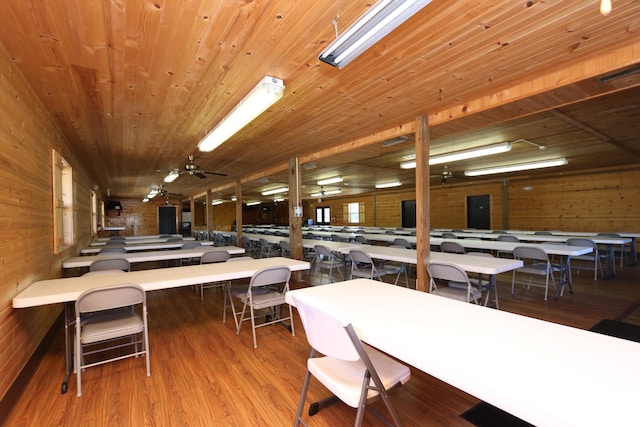 dining room featuring visible vents, a ceiling fan, wood finished floors, wooden ceiling, and wood walls