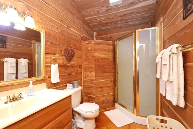 bathroom featuring wood walls, wood ceiling, and a shower stall