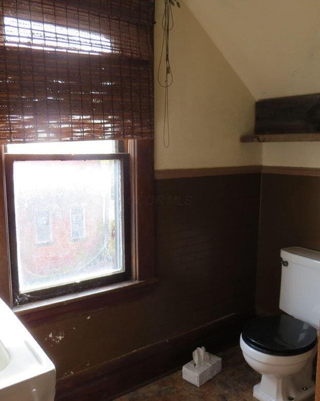 full bathroom with a shower, toilet, and vaulted ceiling