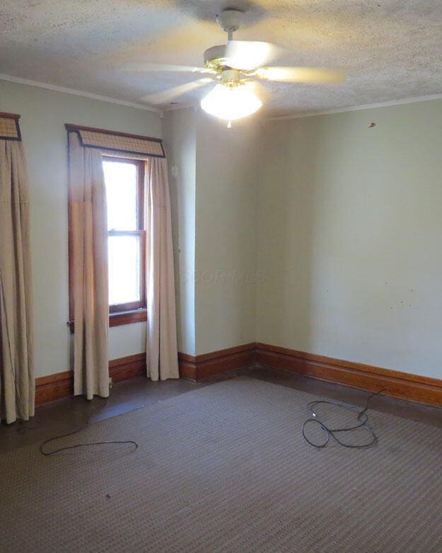 spare room with crown molding, baseboards, carpet flooring, a textured ceiling, and a ceiling fan